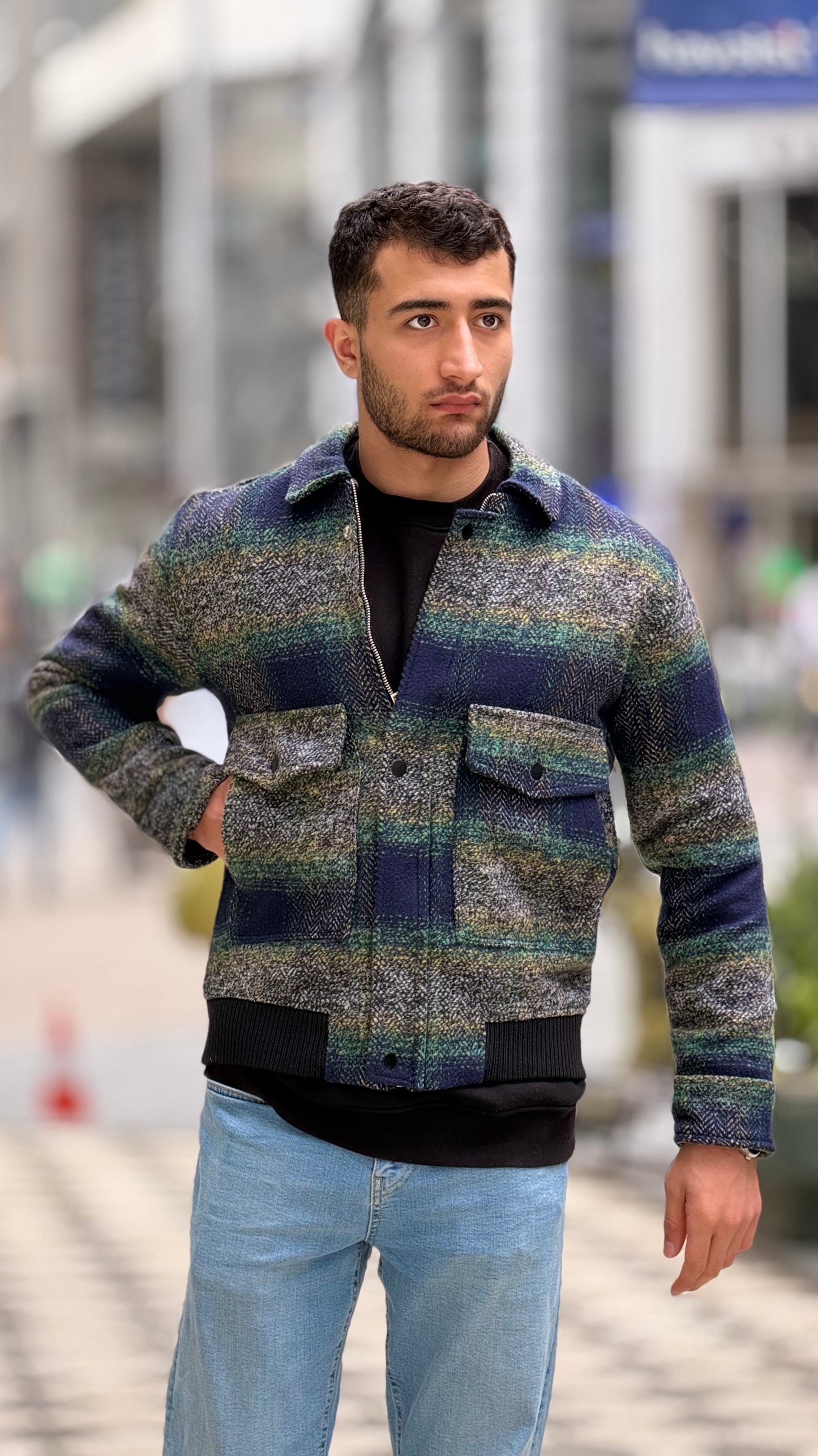 X-2036 Men’s Wool Blend Checked Jacket – Premium Green/Navy Multi-Tone Herringbone Pattern