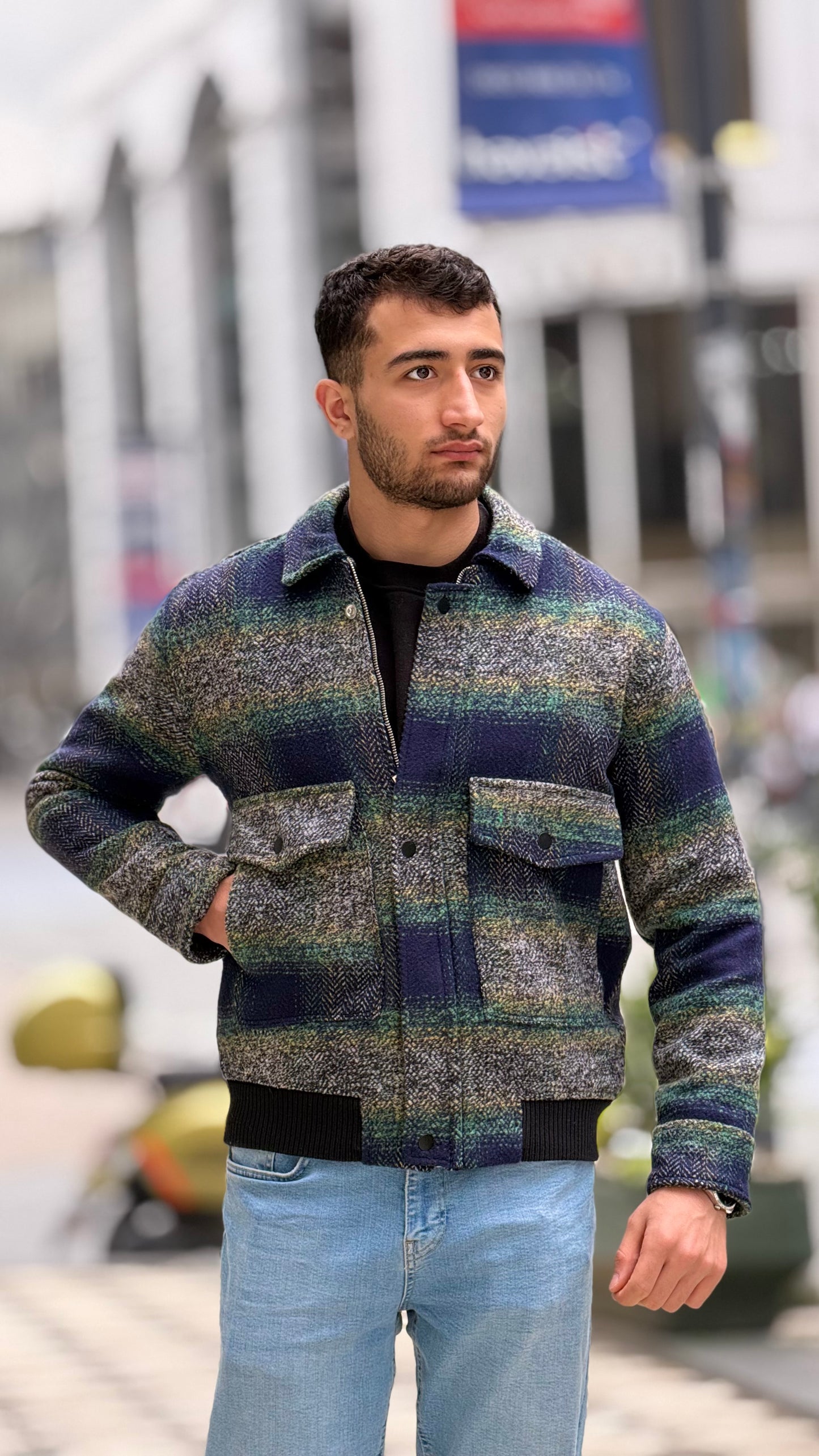 X-2036 Men’s Wool Blend Checked Jacket – Premium Green/Navy Multi-Tone Herringbone Pattern