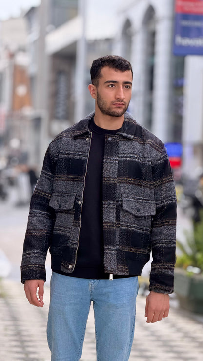 X-2036 Men’s Wool Blend Checked Jacket – Premium Grey/Black Multi-Tone Herringbone Pattern