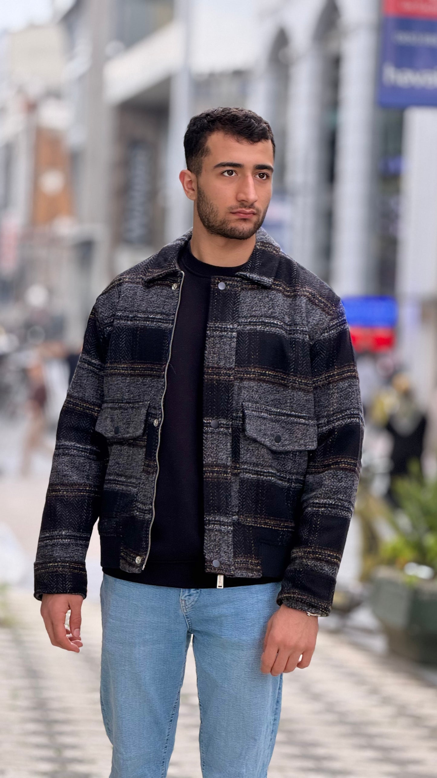 X-2036 Men’s Wool Blend Checked Jacket – Premium Grey/Black Multi-Tone Herringbone Pattern