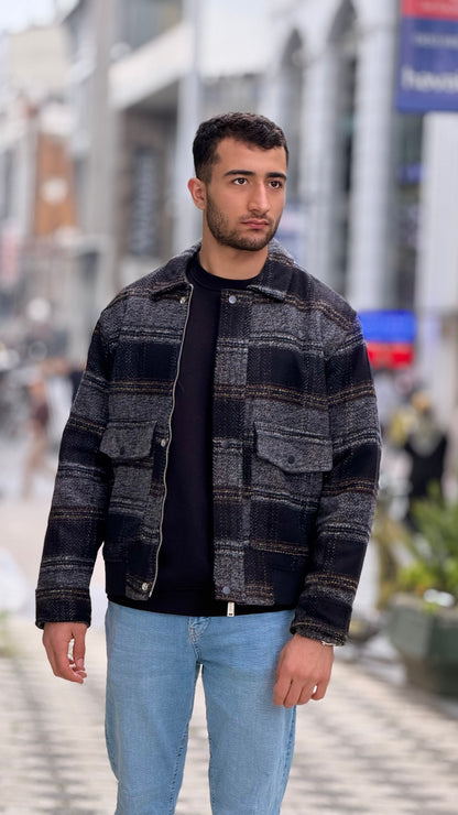 X-2036 Men’s Wool Blend Checked Jacket – Premium Grey/Black Multi-Tone Herringbone Pattern