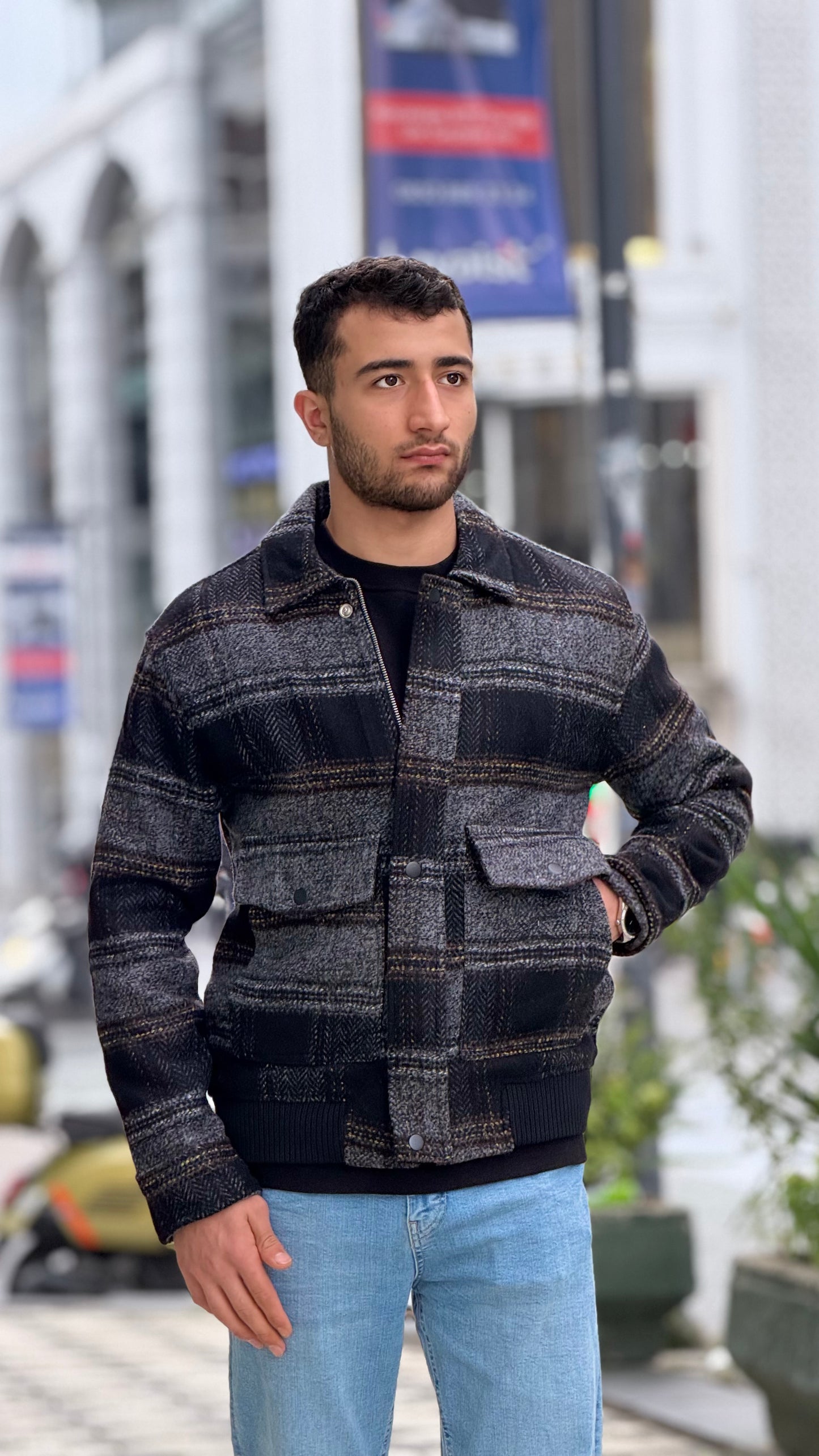 X-2036 Men’s Wool Blend Checked Jacket – Premium Grey/Black Multi-Tone Herringbone Pattern