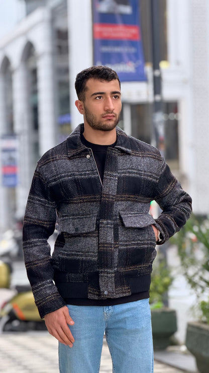 X-2036 Men’s Wool Blend Checked Jacket – Premium Grey/Black Multi-Tone Herringbone Pattern