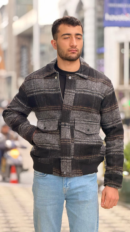 X-2036 Men’s Wool Blend Checked Jacket – Premium Grey/Black Multi-Tone Herringbone Pattern