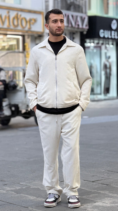 X-3002 Unisex Off-White Velvet Tracksuit – Premium Zip-Up Jacket & Trousers Set