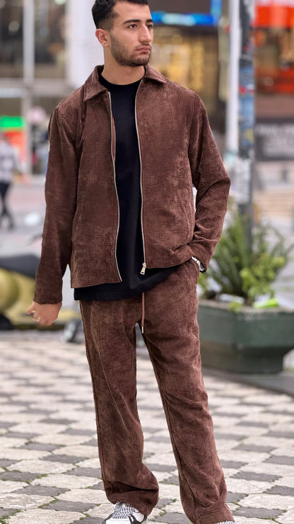 X-3002 Unisex Brown Velvet Tracksuit – Premium Zip-Up Jacket & Trousers Set