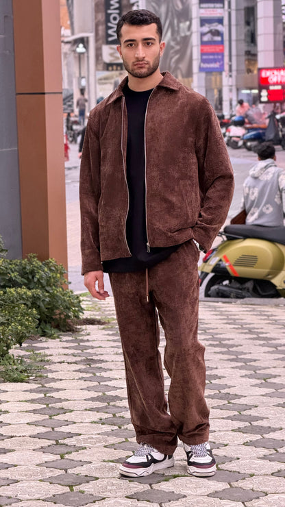 X-3002 Unisex Brown Velvet Tracksuit – Premium Zip-Up Jacket & Trousers Set