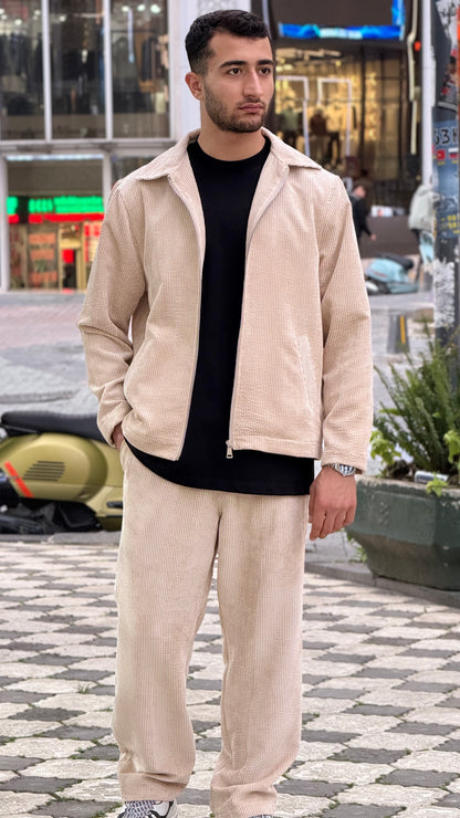 X-3002 Unisex Beige Velvet Tracksuit – Premium Zip-Up Jacket & Trousers Set