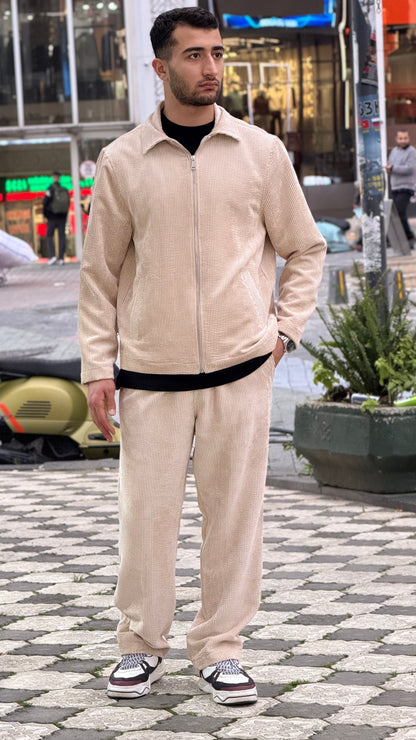 X-3002 Unisex Beige Velvet Tracksuit – Premium Zip-Up Jacket & Trousers Set