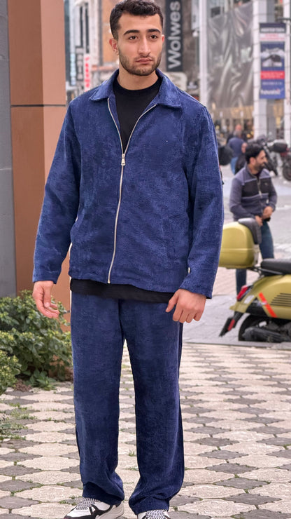 X-3002 Unisex Navy Blue Velvet Tracksuit – Premium Zip-Up Jacket & Trousers Set
