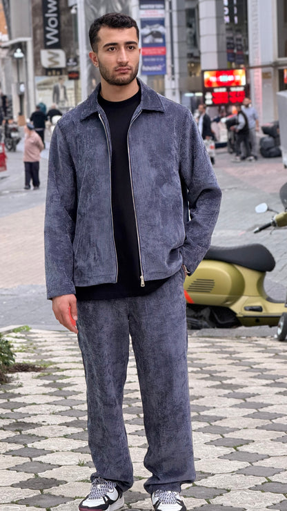 X-3002 Unisex Slate Blue Velvet Tracksuit – Premium Zip-Up Jacket & Trousers Set