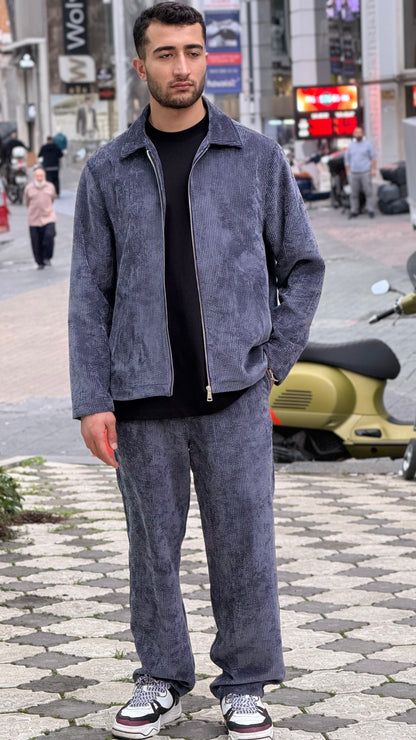 X-3002 Unisex Slate Blue Velvet Tracksuit – Premium Zip-Up Jacket & Trousers Set