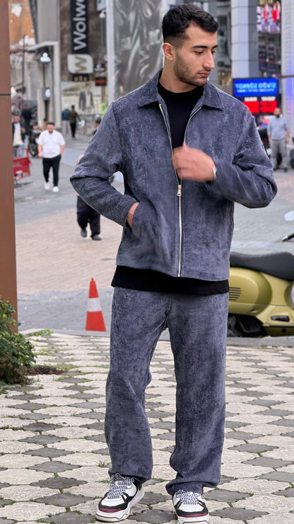 X-3002 Unisex Slate Blue Velvet Tracksuit – Premium Zip-Up Jacket & Trousers Set