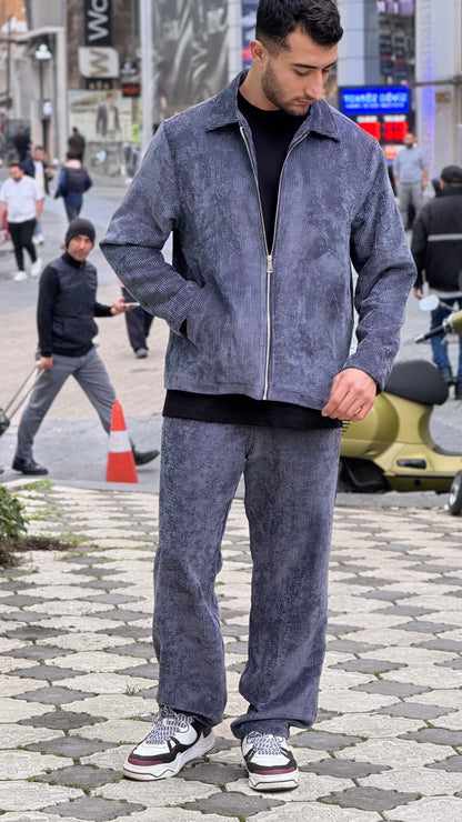 X-3002 Unisex Slate Blue Velvet Tracksuit – Premium Zip-Up Jacket & Trousers Set