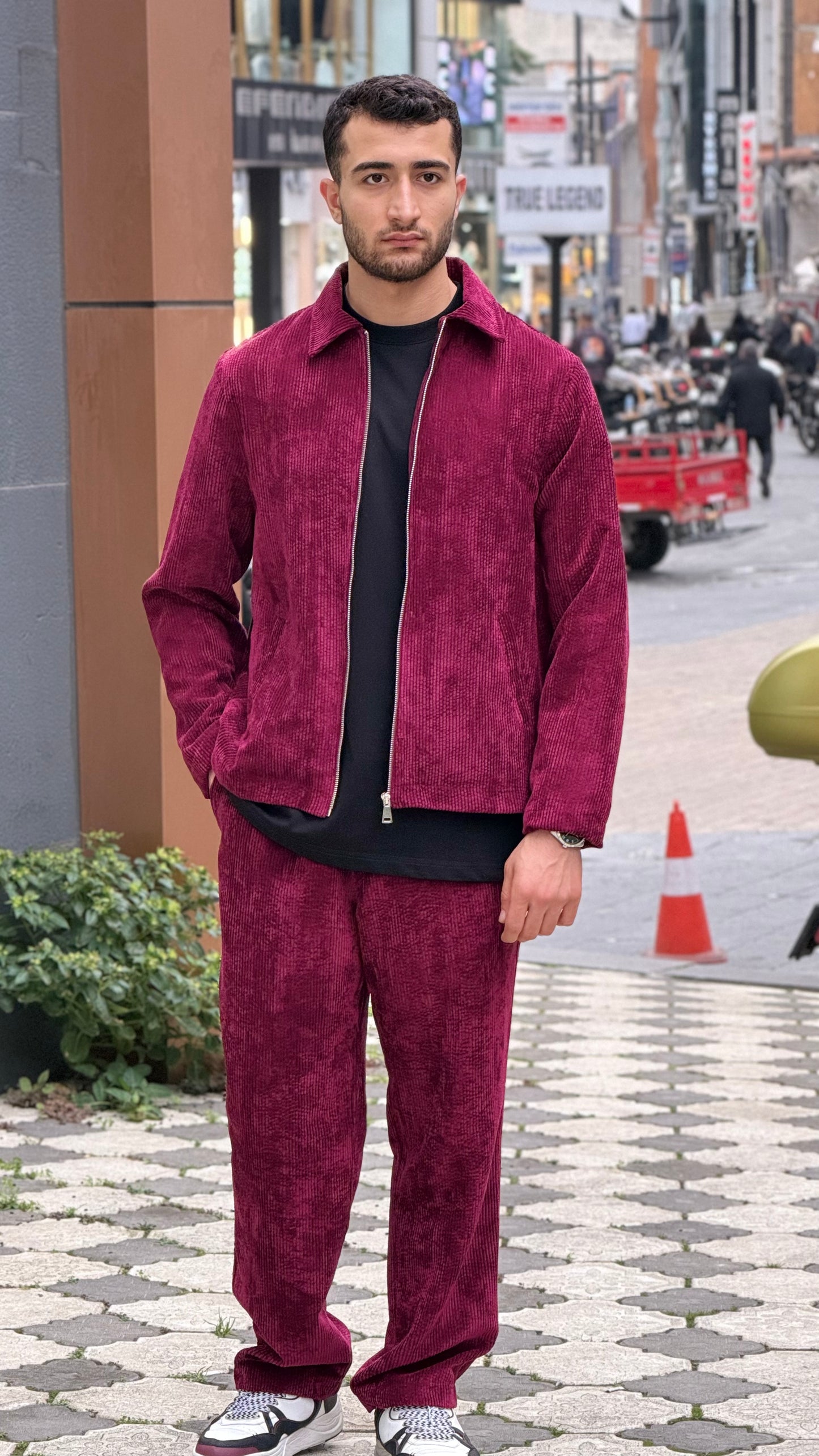 x-3002 Unısex  Burgundy Velvet Tracksuit – Zip Jacket & Matching Trousers | Premium Cord Texture