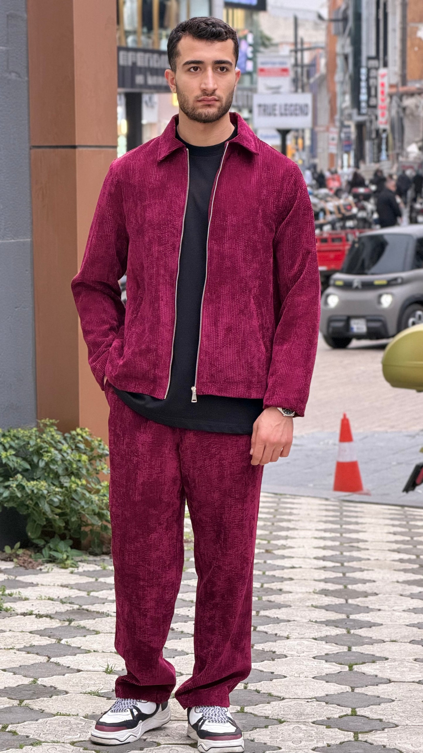 x-3002 Unısex  Burgundy Velvet Tracksuit – Zip Jacket & Matching Trousers | Premium Cord Texture