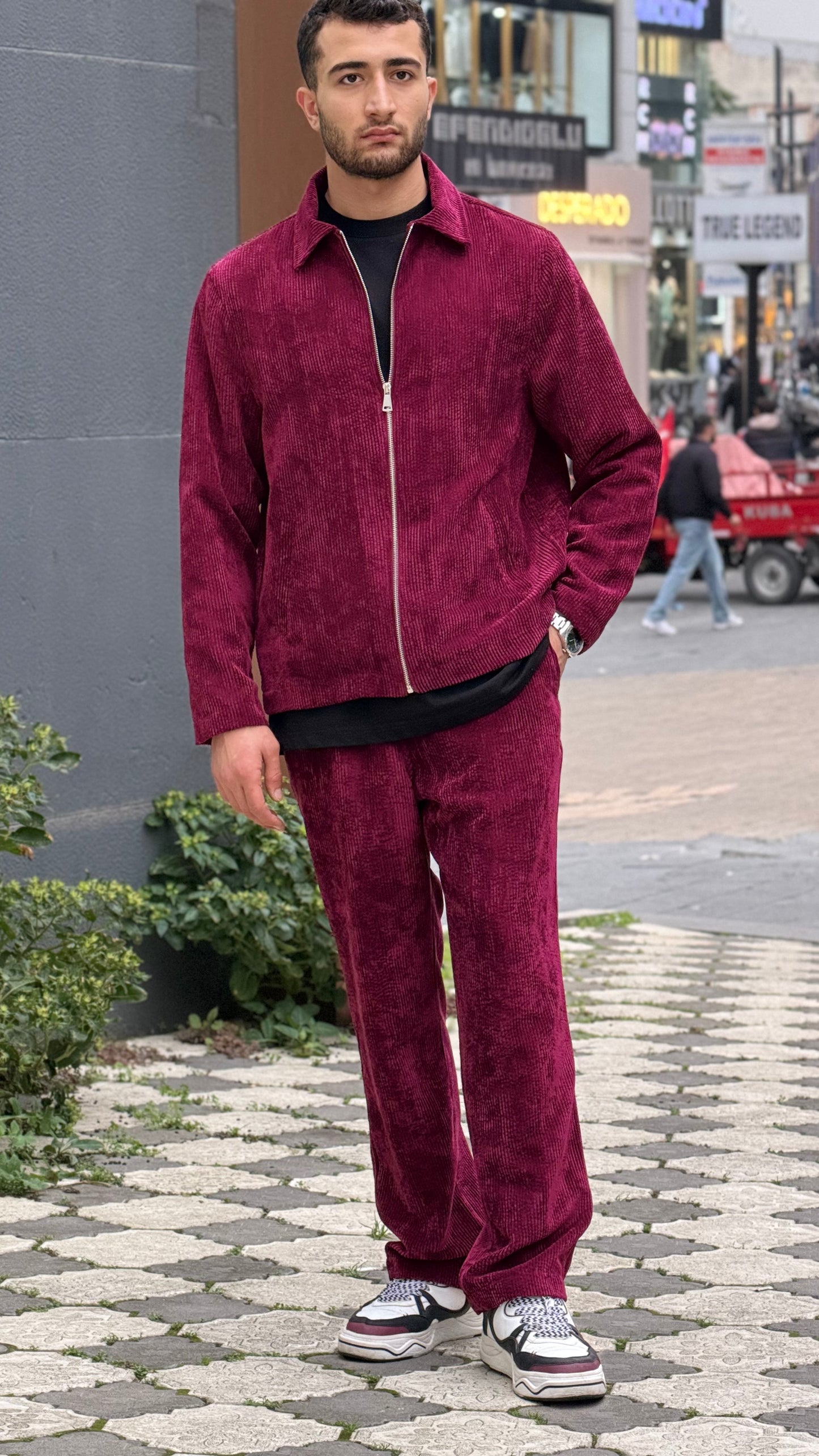 x-3002 Unısex  Burgundy Velvet Tracksuit – Zip Jacket & Matching Trousers | Premium Cord Texture