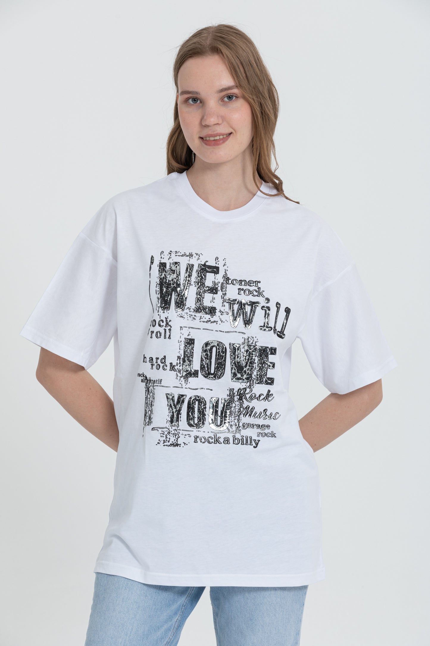 Silver Embossed Print Cotton T-Shirt R-5712