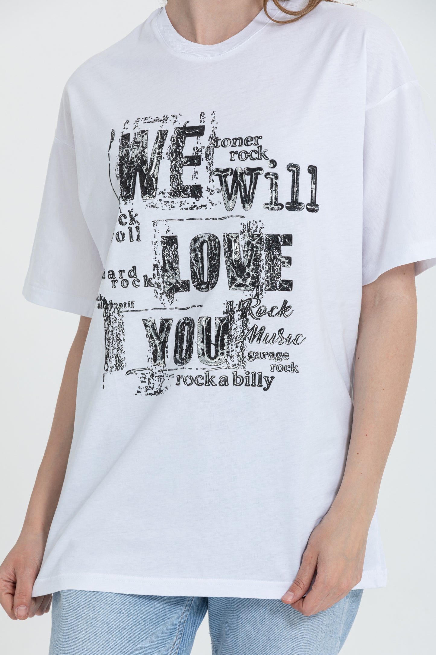 Silver Embossed Print Cotton T-Shirt R-5712