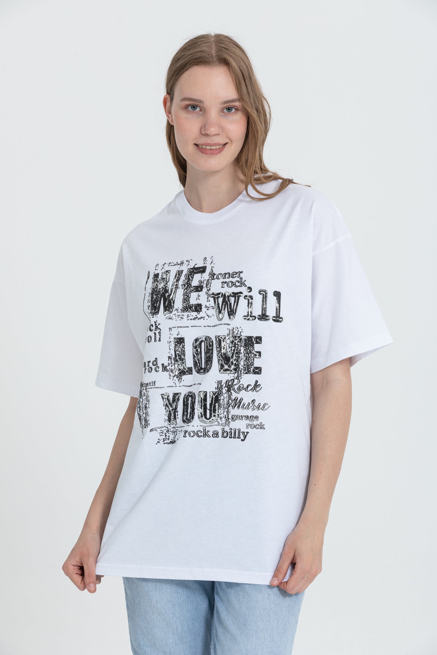 Silver Embossed Print Cotton T-Shirt R-5712