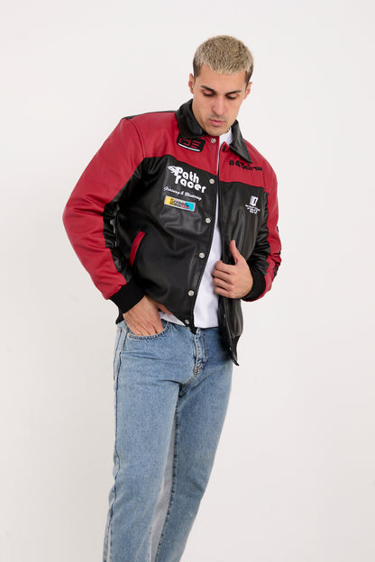 X-2384 Men’s Vegan Leather Racing Jacket with Patch Details