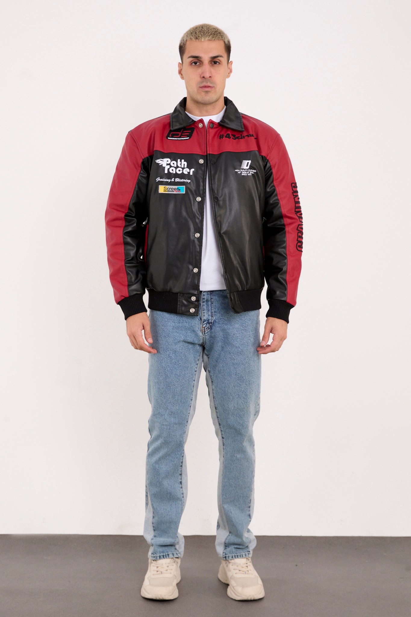X-2384 Men’s Vegan Leather Racing Jacket with Patch Details