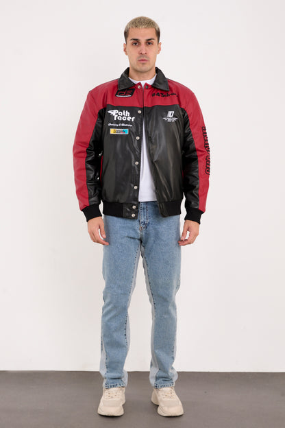 X-2384 Men’s Vegan Leather Racing Jacket with Patch Details