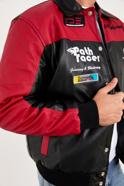 X-2384 Men’s Vegan Leather Racing Jacket with Patch Details