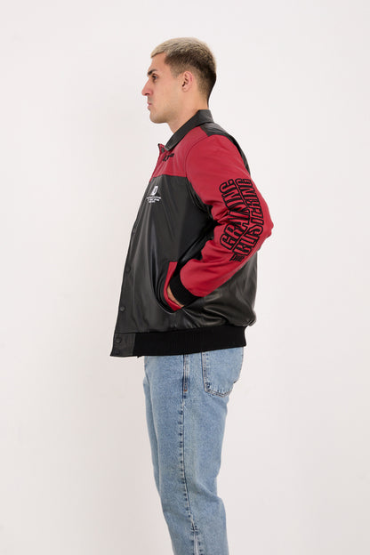 X-2384 Men’s Vegan Leather Racing Jacket with Patch Details