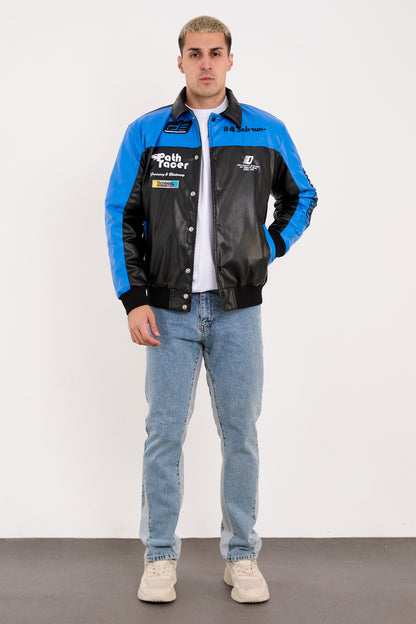 X-2384 Men’s Vegan Leather Racing Style Jacket – Blue & Black