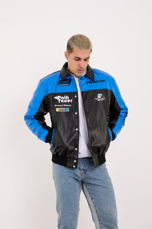 X-2384 Men’s Vegan Leather Racing Style Jacket – Blue & Black
