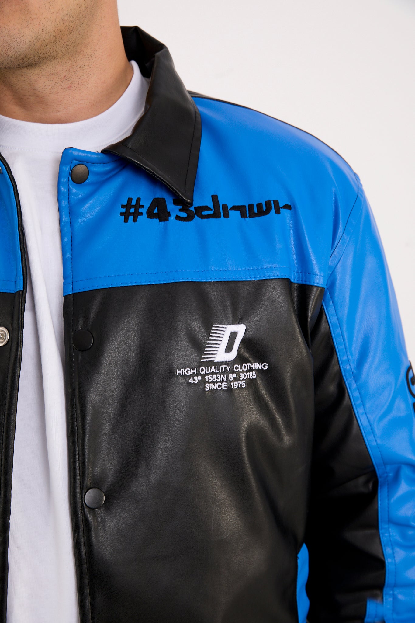 X-2384 Men’s Vegan Leather Racing Style Jacket – Blue & Black