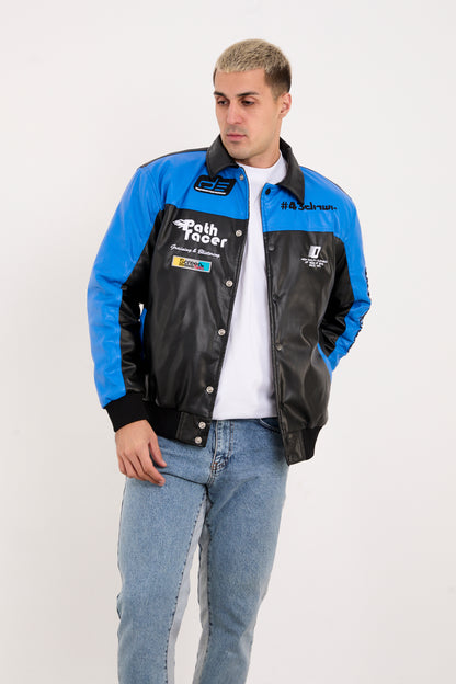 X-2384 Men’s Vegan Leather Racing Style Jacket – Blue & Black