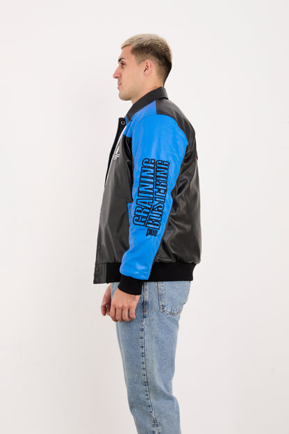 X-2384 Men’s Vegan Leather Racing Style Jacket – Blue & Black