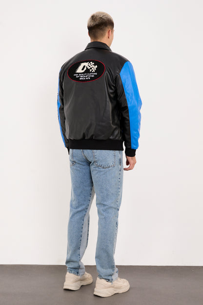 X-2384 Men’s Vegan Leather Racing Style Jacket – Blue & Black