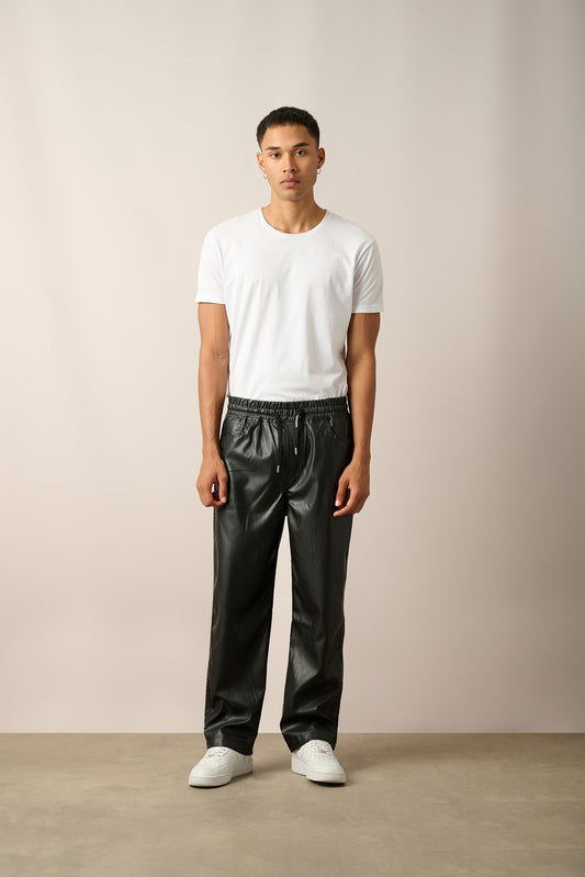 Elastic Waist Vegan Leather Pants R-4349