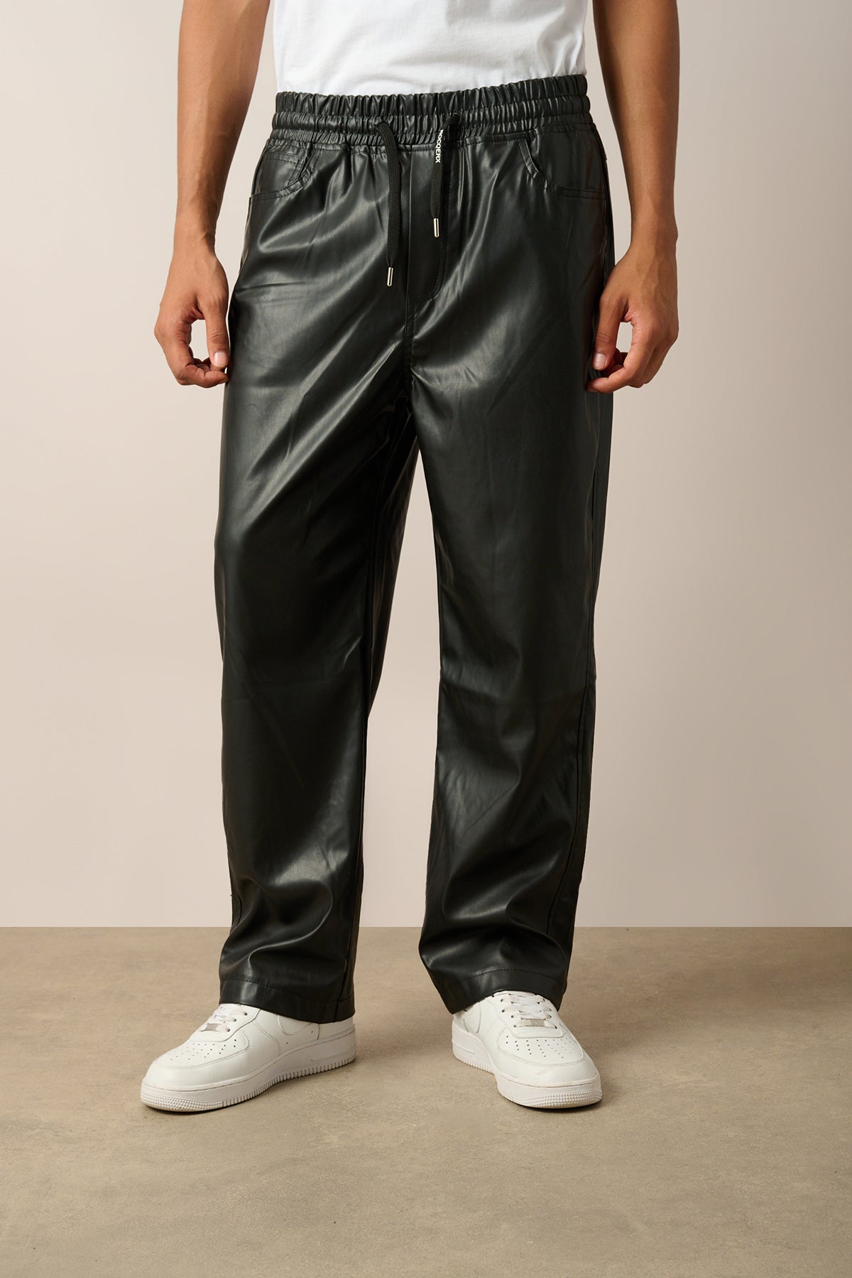 Elastic Waist Vegan Leather Pants R-4349