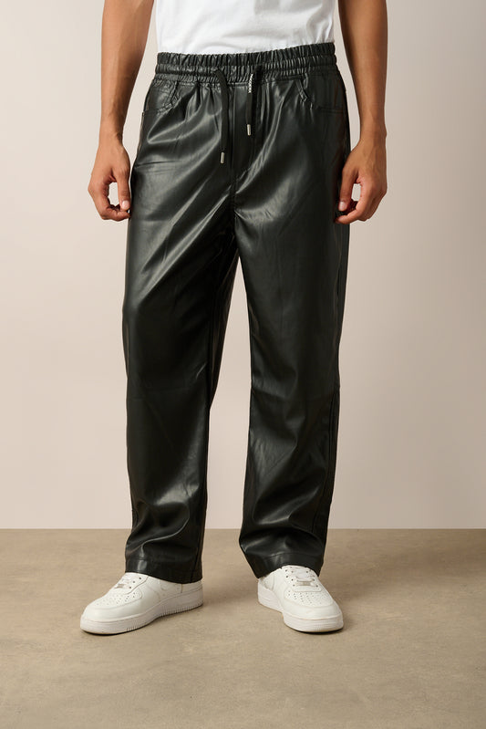 Elastic Waist Vegan Leather Pants R-4349