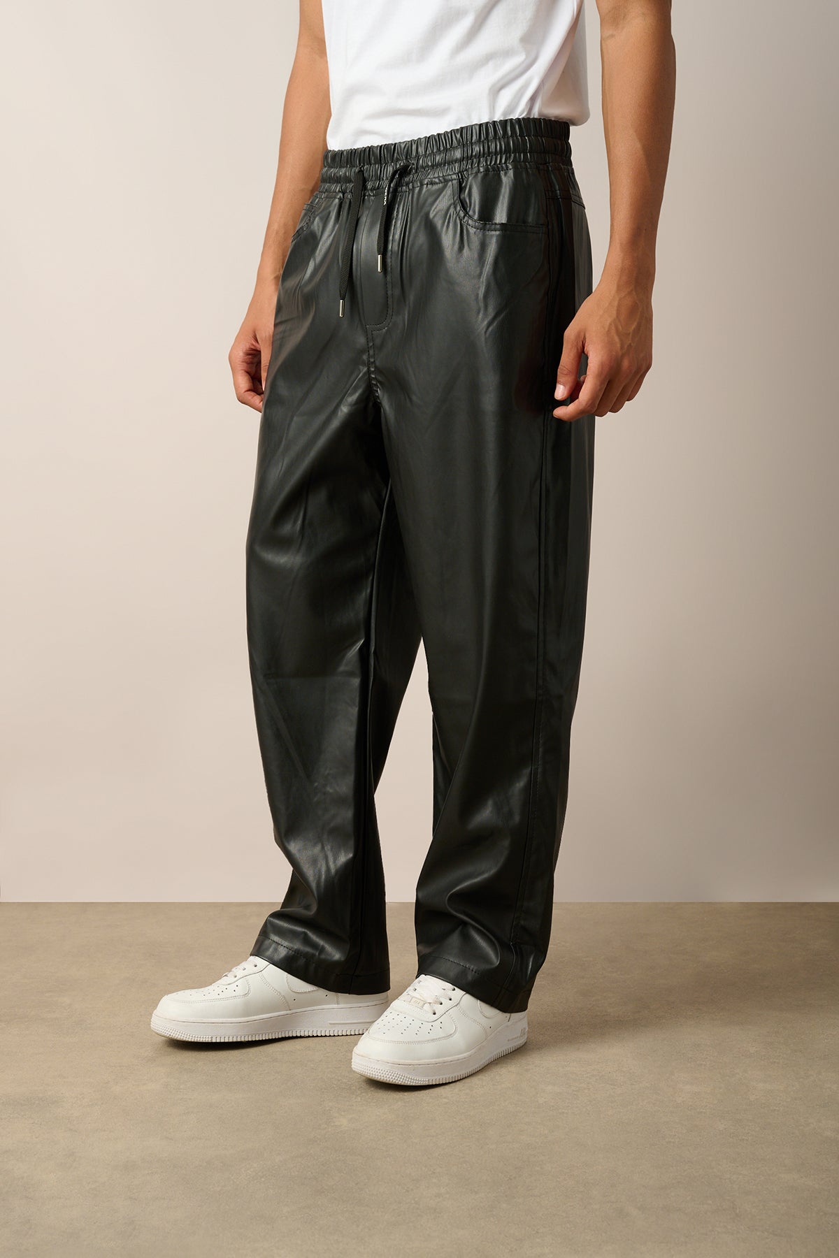 Elastic Waist Vegan Leather Pants R-4349