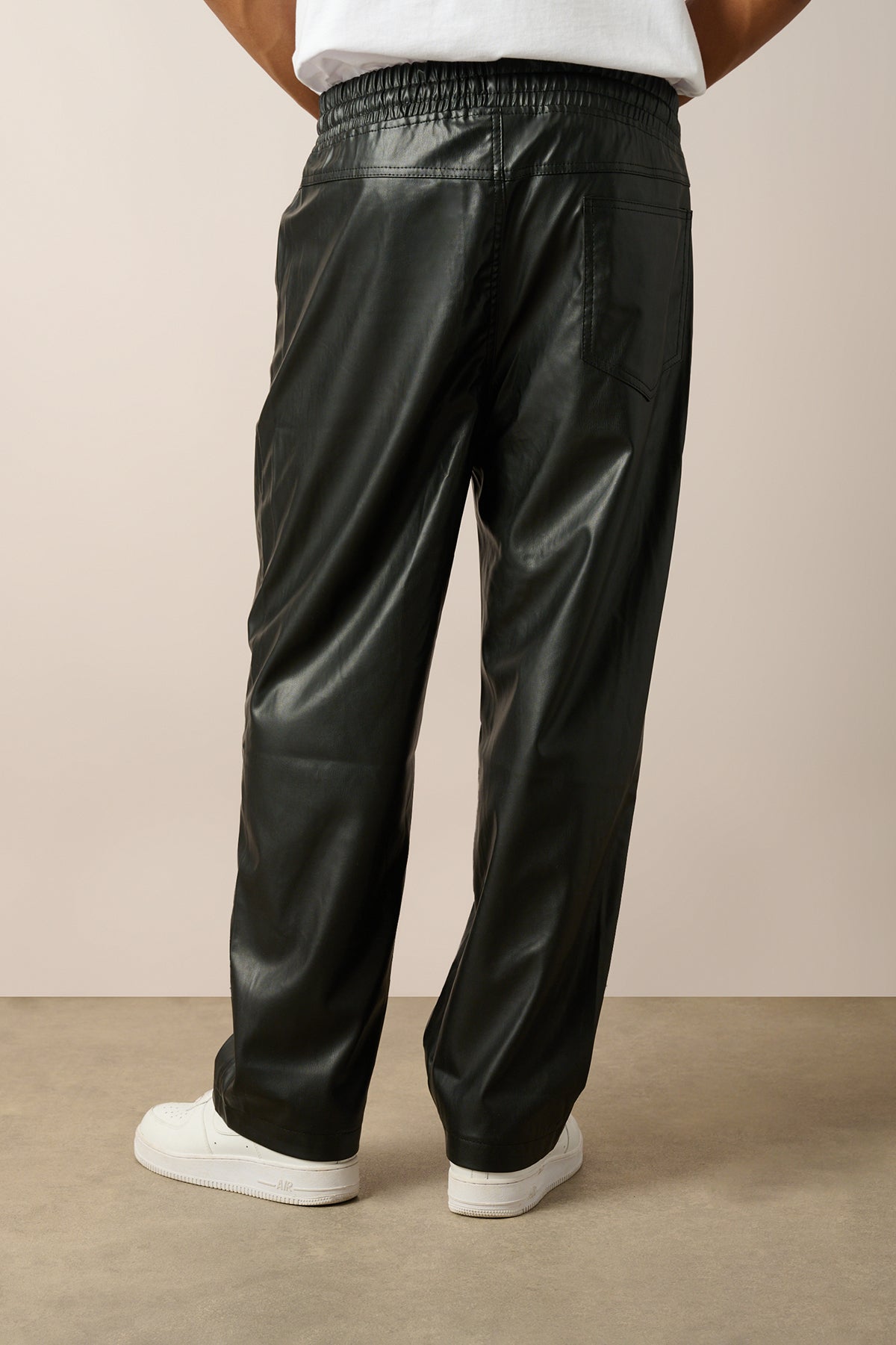 Elastic Waist Vegan Leather Pants R-4349
