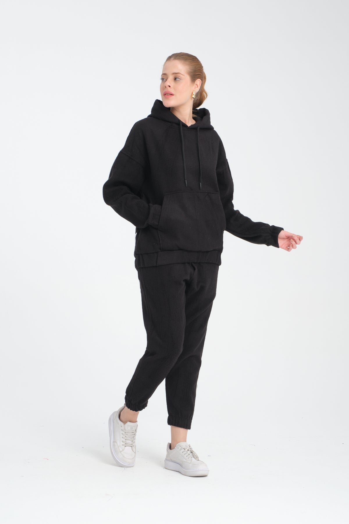 R-5673-4283 Unisex Hooded Tracksuit Set with Kangaroo Pocket – Black