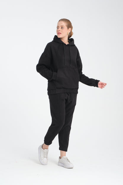 R-5673-4283 Unisex Hooded Tracksuit Set with Kangaroo Pocket – Black