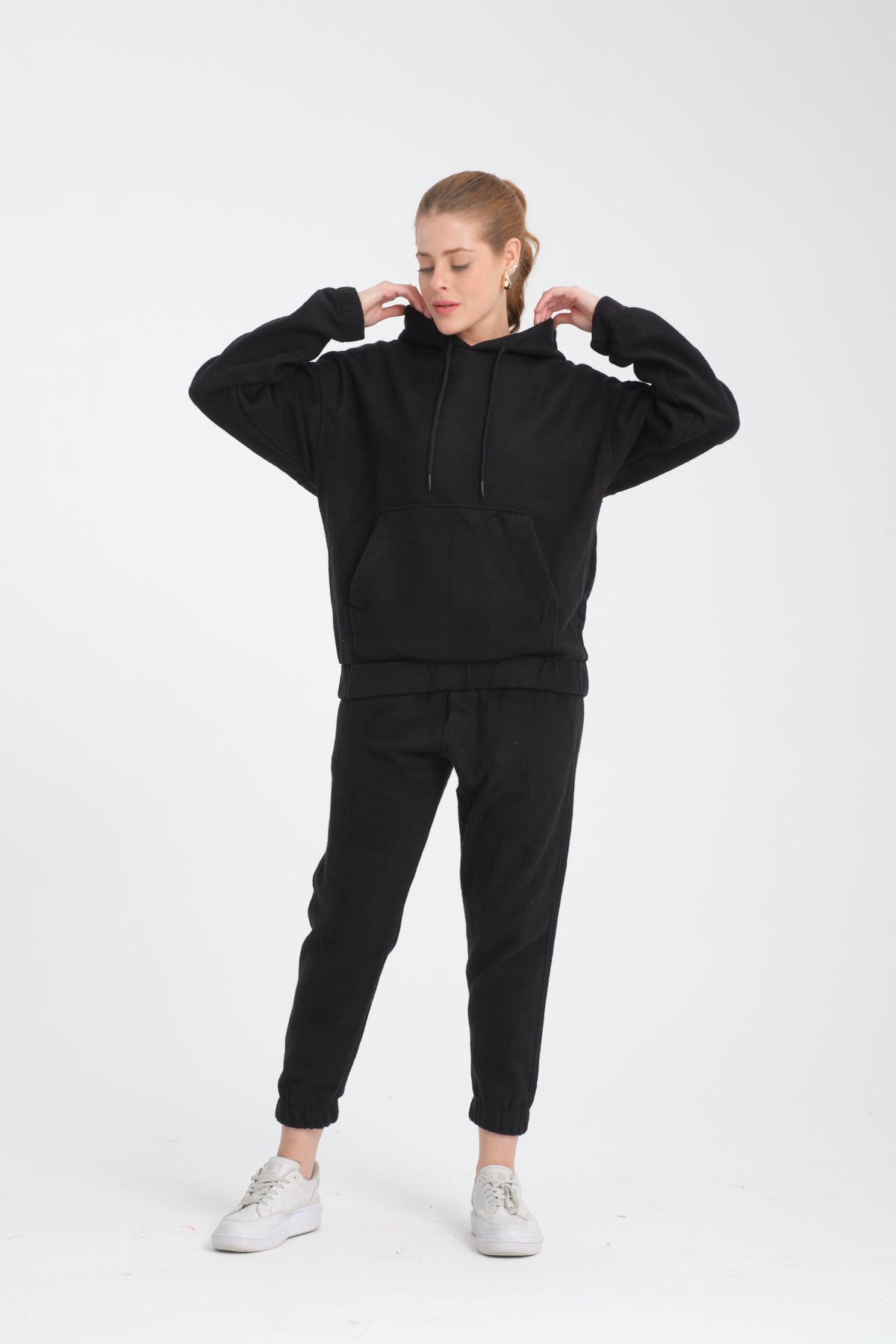 R-5673-4283 Unisex Hooded Tracksuit Set with Kangaroo Pocket – Black