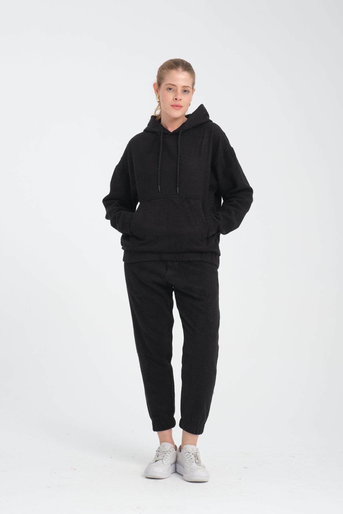 R-5673-4283 Unisex Hooded Tracksuit Set with Kangaroo Pocket – Black