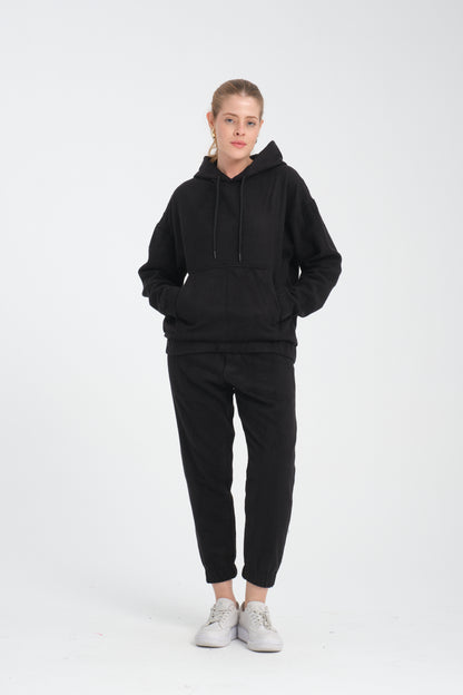 R-5673-4283 Unisex Hooded Tracksuit Set with Kangaroo Pocket – Black