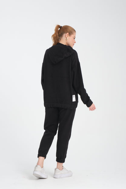 R-5673-4283 Unisex Hooded Tracksuit Set with Kangaroo Pocket – Black