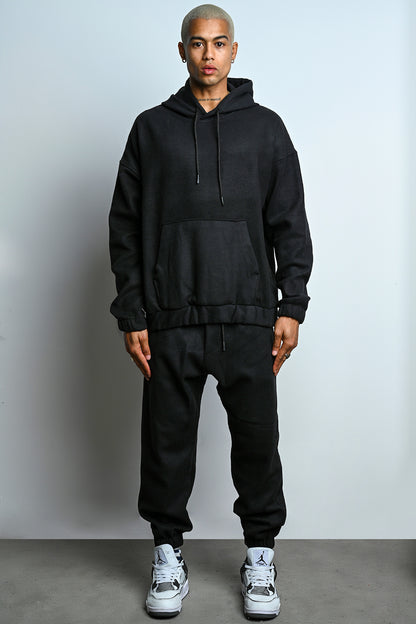 R-5673-4283 Unisex Hooded Tracksuit Set with Kangaroo Pocket – Black