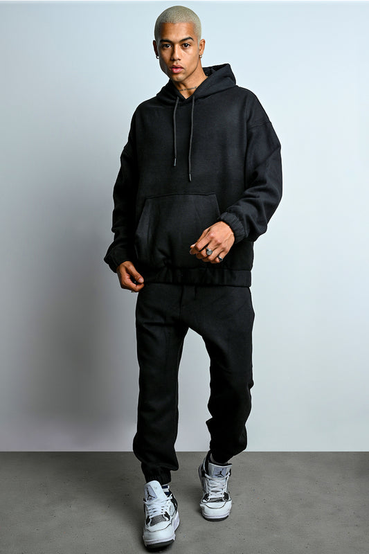 R-5673-4283 Unisex Hooded Tracksuit Set with Kangaroo Pocket – Black