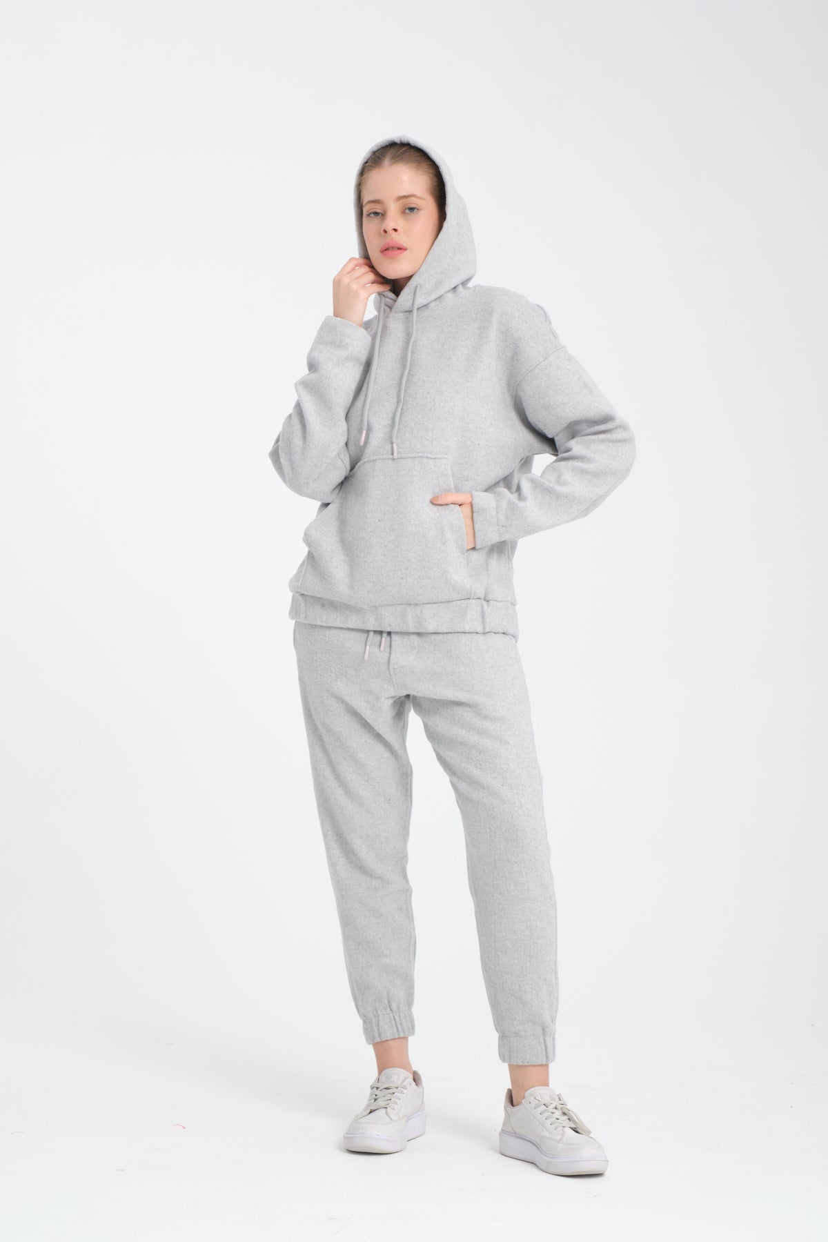 R-5673-4283 Unisex Hooded Tracksuit Set with Kangaroo Pocket – Grey