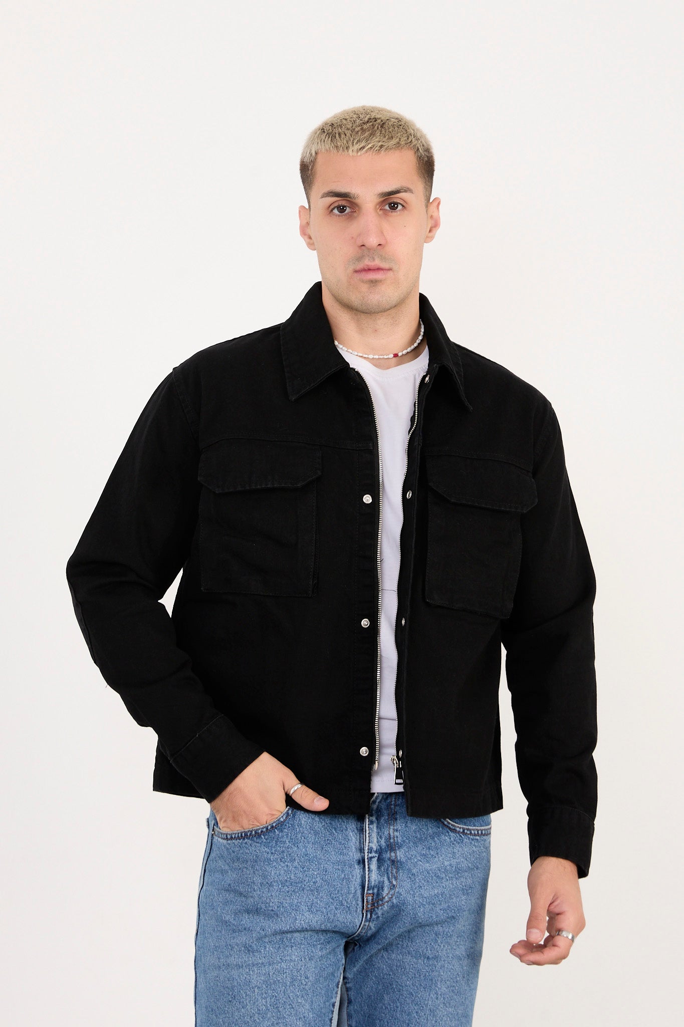 X-2030 Men’s Black Denim Jacket with Utility Pockets